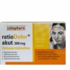 Packung mit RATIODOLOR IBU SCHMERZT300MG Schmerztabletten, geeignet bei Kopfschmerzen, Zahnschmerzen, Muskel- und Gelenkschmerzen. Enthält Ibuprofen-Lysinsalz. Enthält 20 Tabletten.