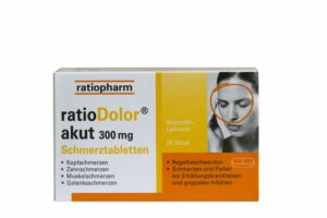 Packung mit RATIODOLOR IBU SCHMERZT300MG Schmerztabletten, geeignet bei Kopfschmerzen, Zahnschmerzen, Muskel- und Gelenkschmerzen. Enthält Ibuprofen-Lysinsalz. Enthält 20 Tabletten.