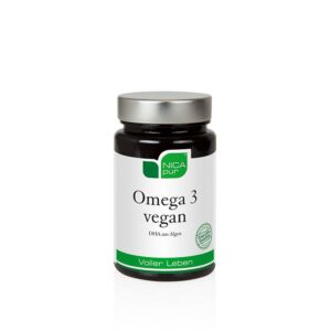 Die NICAPUR KPS OMEGA 3 VEGAN-Nahrungsergänzungsmittel sind DHA-reiche, aus Algen gewonnene Kapseln mit einem weiß und grün akzentuierten Etikett.