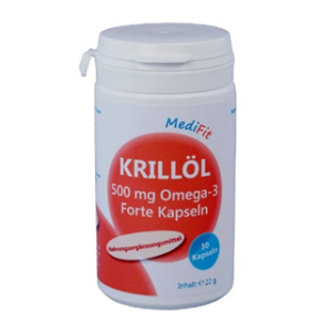 Eine weiße Flasche mit der Aufschrift „KRILL-OEL KPS 500MG FTE MEDI“ enthält Omega-3 Forte Kapseln mit 500 mg pro Kapsel. Auf dem Etikett sind 30 Kapseln mit einem Nettogewicht von 22 g angegeben.