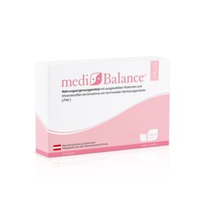 Eine Packung Nahrungsergänzungsmittel NICAPUR KPS MEDIBALANCE PILC mit rosa-weißem Design und der Aufschrift „Hormonelles Ungleichgewicht“ enthält 30 Kapseln. Der Text ist auf Deutsch.