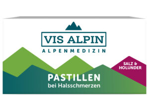 Schachtel mit VIS ALPIN ALPENSALZPAS HOLUN Lutschtabletten zur Linderung von Halsschmerzen, mit Bergmotiv und der Aufschrift „Salz & Holunder“.