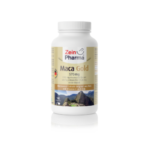 Eine Flasche MACA GOLD KPS 570MG enthält 180 Kapseln, zeigt ein Bild von Machu Picchu auf dem Etikett und hebt den Maca-Wurzelextrakt mit Vitamin C und Zink hervor.