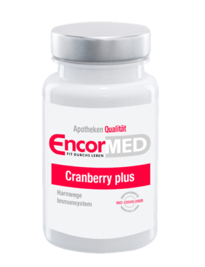 Weiße Flasche mit silbernem Deckel mit der Aufschrift „ENCORMED KPS CRANBERRY PLUS“. Der Text behauptet, dass es die Gesundheit der Harnwege und des Immunsystems unterstützt.