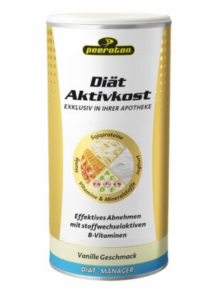 Ein Behälter PEEROTON SLIM SHAK 500G VAN mit Sojaprotein, Vitaminen, Mineralien, Honig und Joghurt für eine effektive Gewichtsabnahme mit Vanillegeschmack.