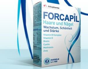 FORCAPIL KPS HAAR+NAEGEL-Nahrungsergänzungsmittel, fördert Haar- und Nagelwachstum, Schönheit und Stärke. Enthält die Vitamine B, D, Biotin, Cystin, Methionin und Zink. Die empfohlene Dosierung beträgt zwei Kapseln täglich.