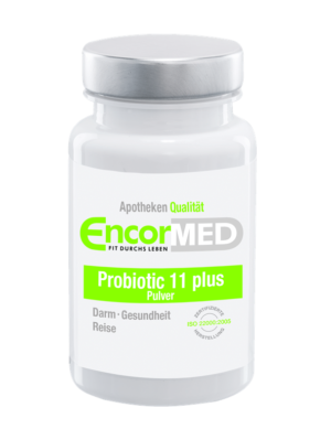 Eine weiße Flasche PROBIOTIC ENCORMED PLV 11+ Pulver mit der Aufschrift „Verdauungsgesundheit und Reisen“ sowie Zertifizierungen und Qualitätszeichen.