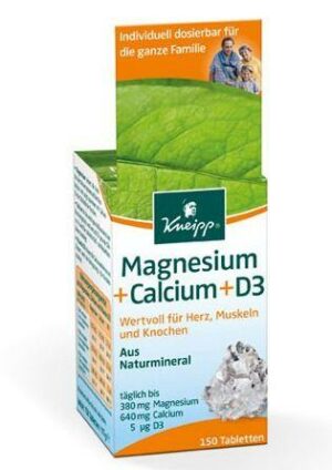 Schachtel mit KNEIPP MAGN +CALC TBL-Tabletten mit einem Blatt- und Mineralienbild auf der Verpackung. Enthält 150 Tabletten.