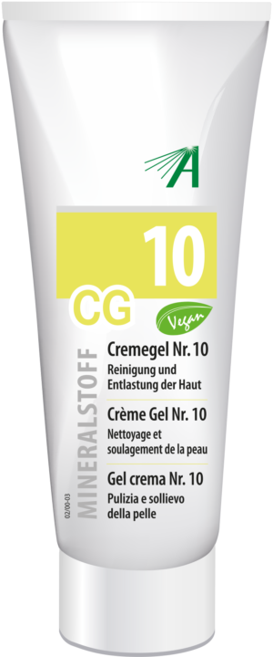 Tube SCHUESS CR GEL NR 10 ADL mit deutschem, französischem und italienischem Text, als vegan gekennzeichnet, zur Hautreinigung und Linderung.