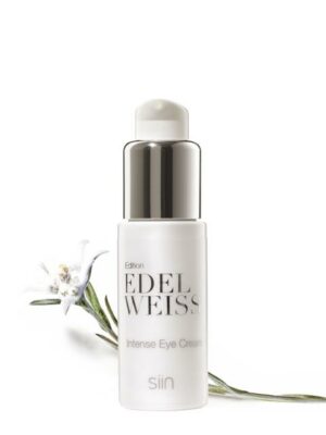 Eine Flasche SIIN EDELWEISS INTENS EYE CR mit silberner Kappe neben einer Edelweißblüte.