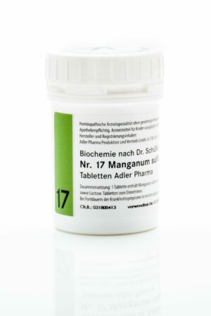 Weiße Plastikflasche mit der Aufschrift „SCHUESS 17 MANG SULF D12 ADL“ auf einer reflektierenden Oberfläche.