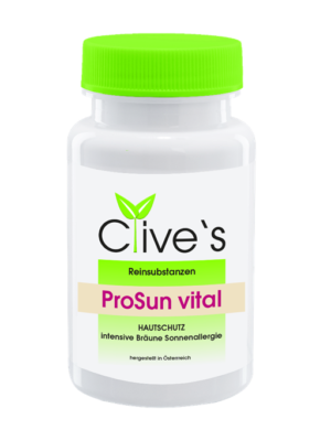 Eine weiße Flasche mit grünem Deckel mit der Aufschrift „CLIVES KPS PROSUN VITAL“ mit dem Hinweis auf Hautschutz und Bräunung.