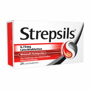STREPSILS LTBL 8,75 mg Lutschtabletten, enthalten Flurbiprofen zur Linderung von Halsschmerzen, erhältlich in einer Packung zu 24 Stück.