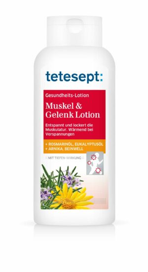 TETESEPT LOT AKTIV M&G: Flasche mit Rosmarin, Eukalyptus, Arnika und Beinwell; mit deutscher Beschriftung zur Muskelentspannung und Spannungslösung.