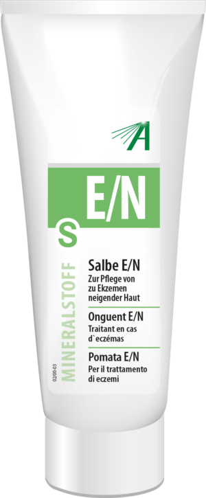 Tube mit SCHUESS SLB MISCH E/N ADL-Salbe zur Ekzembehandlung, mehrsprachig beschriftet, auf weißem Hintergrund.