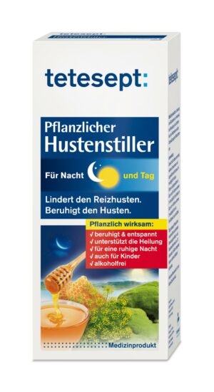 Schachtel „TETESEPT HU-STILLER“ mit Honig- und Kamillenmotiven, gekennzeichnet zur lindernden Linderung von Husten, geeignet für die Anwendung tagsüber und nachts, kinderfreundlich und alkoholfrei.
