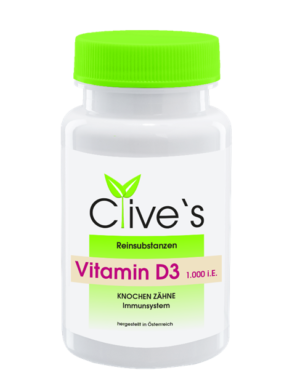 Eine Flasche VIT D3 1000 KPS CLIVES enthält eine Dosierung von 1.000 IE. Das Etikett zeigt ein grünes Blattlogo und hebt die Vorteile für Knochen, Zähne und das Immunsystem hervor.