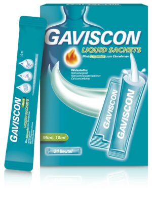 GAVISCON LIQUID MINT SUS SAC zur Linderung von Sodbrennen enthält einen Flüssigkeitsbeutel mit Minzgeschmack, natürlichem Natriumbikarbonat und Calciumcarbonat. Die Packung enthält 24 Beutel.