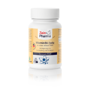 Flasche P-5-P AKT VIT B6 KPS von Zein Pharma mit 60 Kapseln und gelber Etikettierung auf weißem Hintergrund.