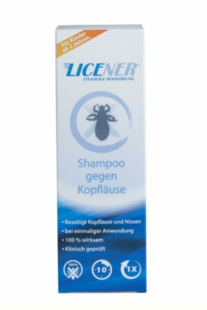 Eine Packung SH.LICENER LAUS +NISSEN Shampoo behandelt Kopfläuse. Die blau-weiße Verpackung zeigt eine Laussilhouette und gibt an, dass das Shampoo klinisch getestet und für Kinder ab 2 Jahren wirksam ist.