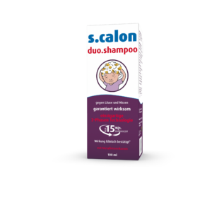 Packung SH.S.CALON DUO+MET NISSENKAM Shampoo mit Cartoon-Kinderbild. Wirkt 15 Minuten lang gegen Läuse und Nissen. Enthält 100 ml, klinisch nachgewiesene Wirkung.