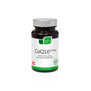 Eine NICAPUR KPS COQ10 120MG NEM-Flasche mit silberner Kappe.