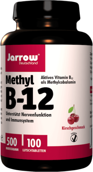 METHYL B12 500MCG Tabletten mit Kirschgeschmack, jede Flasche enthält 100 Tabletten. Text in Deutsch.
