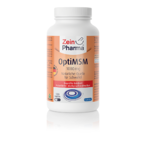 Eine Flasche MSM OPTI KPS 1000MG -ZEIN enthält 120 Kapseln, die jeweils eine natürliche Schwefelquelle mit patentiertem Methylsulfonylmethan liefern.