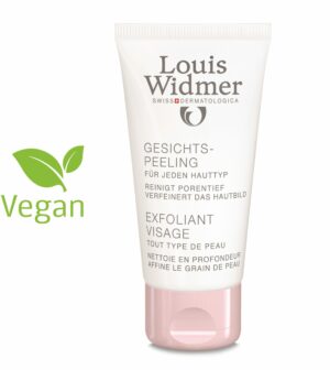 Tube WIDMER-O.P.GESPEEL Peeling für jeden Hauttyp mit rosa Verschluss. Auf der linken Seite ist „Vegan“ und ein grünes Blattsymbol zu sehen.
