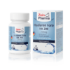 Eine Flasche und Schachtel HYALURON FTE KPS 200MG ZEIN, vegan-freundlich mit Wassermotiven, unterstreicht seine hochdosierte, fermentierte Qualität mit 200 Kapseln à 200 mg.