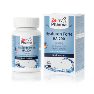 Eine Flasche und Schachtel HYALURON FTE KPS 200MG ZEIN, vegan-freundlich mit Wassermotiven, unterstreicht seine hochdosierte, fermentierte Qualität mit 200 Kapseln à 200 mg.