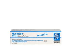 MUCOBENE LSB TBL 200MG zuckerfreie Tabletten, mit deutscher Beschriftung zur Schleimlösung bei Atemwegserkrankungen, 200 mg pro Tablette, Inhalt 20 Tabletten.