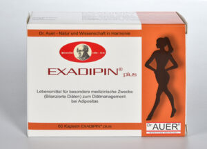 Schachtel mit EXADIPIN PLUS KPS-Kapseln mit Dr. Auer-Branding, deutschem Text, einer Frauensilhouette und orange-weißer Verpackung. Enthält 60 Kapseln.