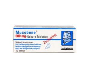 Schachtel mit MUCOBENE LSL PLV 600MG Tabletten, zuckerfrei, zur Schleimverdünnung. Inhalt: 10 Stück. Marke: ratiopharm.