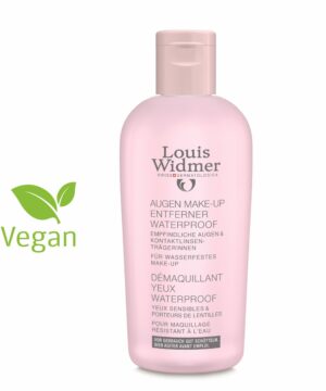 Rosa WIDMER-O.P.AU-M.UP ENTF WP-Flasche mit der Kennzeichnung für empfindliche Augen und Kontaktlinsenträger, dem Vegan-Logo und geeignet zum Entfernen von wasserfestem Make-up.