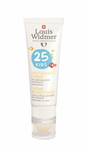 Tube Sonnenschutz WIDMER-O.P.SO CR KIDS +LIPST SPF 25, deutsch- und französisch beschriftet, für die empfindliche Kinderhaut geeignet und wasserfest.