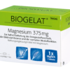 Schachtel BIOGELAT MAGN 375MG FTBL mit Grafiken, die eine laufende Figur und Muskeln darstellen. Der deutsche Text beschreibt es als Nahrungsergänzungsmittel, das Energie und Muskelfunktion unterstützt.