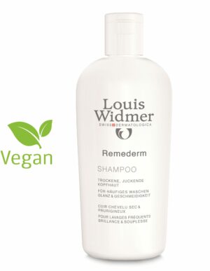 Eine weiße Flasche WIDMER REMEDERM SHAMPOO mit mehrsprachigem Text und einem grünen Vegan-Logo auf der linken Seite.