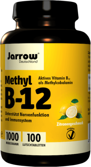 Flasche METHYL B12 1000MCG TBL Vitamine, Zitronengeschmack und vegan, mit aktivem Vitamin B12. Enthält 1000 Mikrogramm pro Tablette und umfasst 100 Tabletten, unterstützt die Nerven- und Immunfunktion.