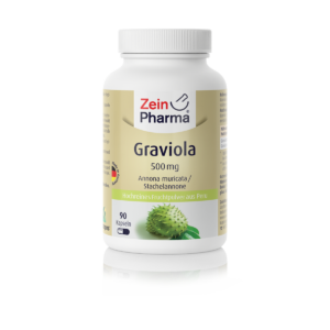 Eine Flasche GRAVIOLA KPS 500MG ZEINPH. enthält 90 Kapseln à 500 mg und ist auf dem Etikett mit einer Abbildung der Graviola-Frucht versehen.
