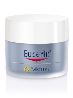 Vorderansicht eines EUC Q10 ACTIVE N Cremetiegels mit weißem Deckel und blauem Etikett.