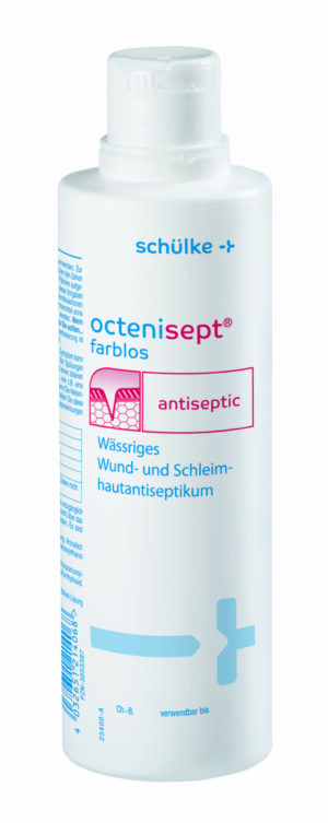 Eine Flasche OCTENISEPT LSG Antiseptikum, farblos, mit blauem Textetikett zur Wund- und Schleimhautdesinfektion und weißem Verschluss.