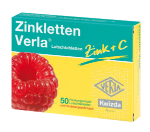 ZINKLETTEN VERLA TBL HIMBEER Lutschtabletten mit Himbeergeschmack enthalten Zink und Vitamin C. Kommt in grün-gelber Verpackung mit Himbeer-Abbildung.