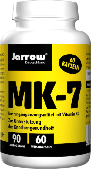 Gelb-weiße Flasche VIT K2 KPS 90MCG MK-7 von Jarrow Deutschland mit 60 Kapseln mit je 90 Mikrogramm Vitamin K2 zur Unterstützung der Knochengesundheit.