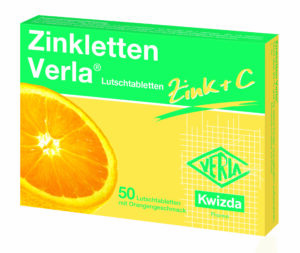Schachtel „ZINKLETTEN VERLA TBL ORANGE“ Lutschtabletten mit Zink und Vitamin C, mit grün-gelber Verpackung, Abbildung einer Orangenscheibe, 50 Stück.