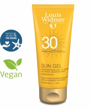 Gelbe Tube WIDMER-O.P.SO GEL 30 mit veganen und wasserfesten Eigenschaften.