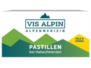 Schachtel VIS ALPIN ALPENSALZPAS HONIG Pastillen gegen Halsschmerzen mit Bergmotiv und Salz-Honig-Geschmack.