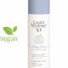Eine weiße Flasche WIDMER-O.P.BABYPURE PFL.LOT-Lotion mit grauer Kappe, einer Kaninchenillustration und einem veganen Text.
