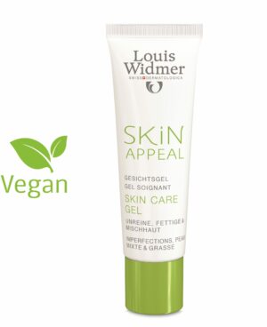 Die WIDMER-O.P SKIN CARE GEL-Tube für Unreinheiten, fettige und Mischhaut ist mit einem veganen Symbol mit grünen Blättern versehen.