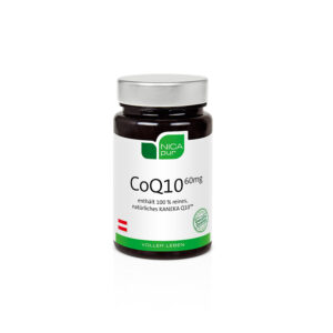 Eine Flasche NICAPUR KPS CoQ10, 60 mg, hat ein weißes Etikett mit grünen Akzenten und behauptet, 100 % reines, natürliches Kaneka Q10 zu enthalten.